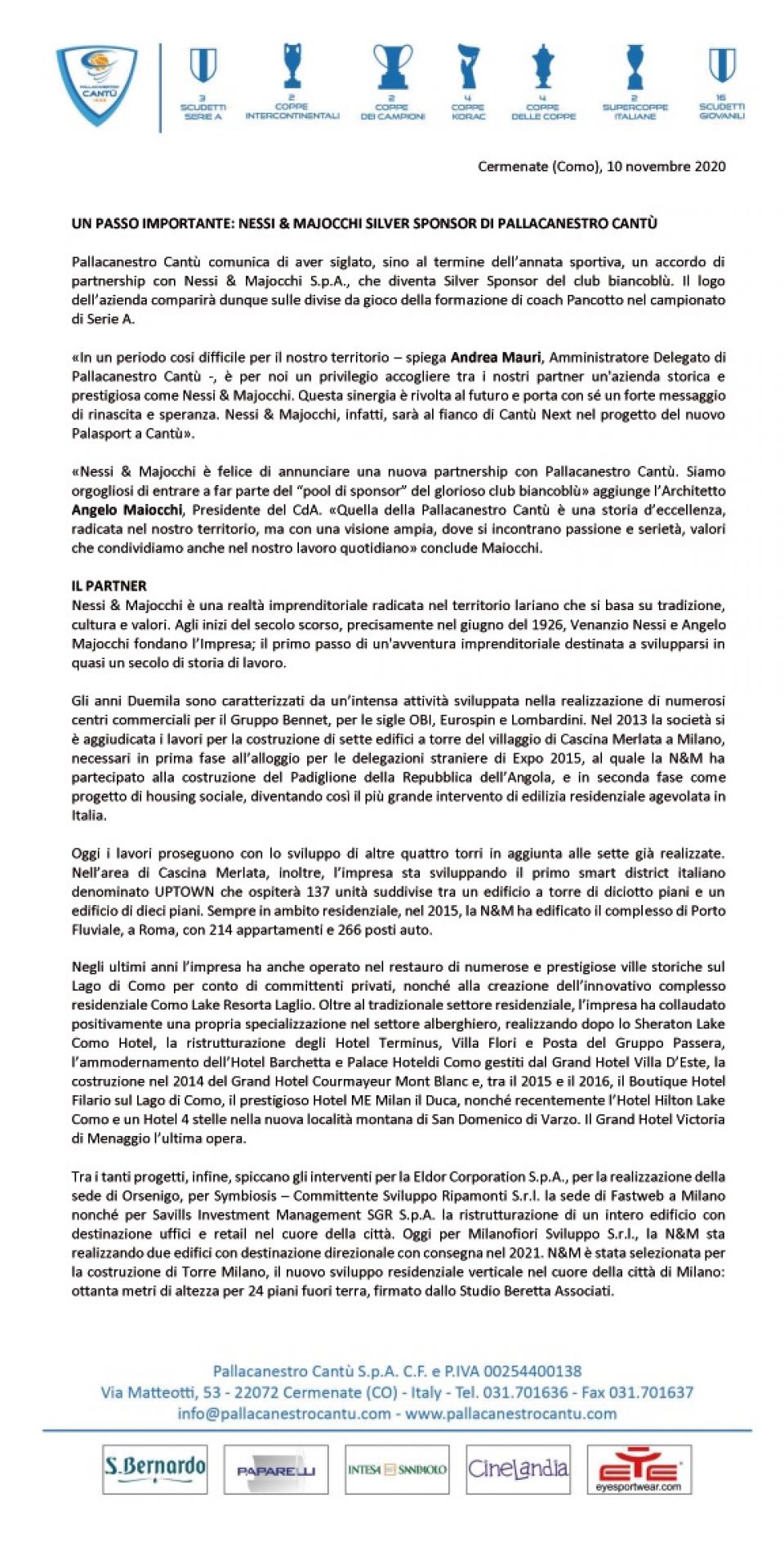 UN PASSO IMPORTANTE: NESSI &amp; MAJOCCHI SILVER SPONSOR DI PALLACANESTRO CANTU&#039;